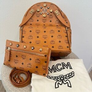 MCM Backpack Small Studded Cognac Leather w/ Removable Pouch